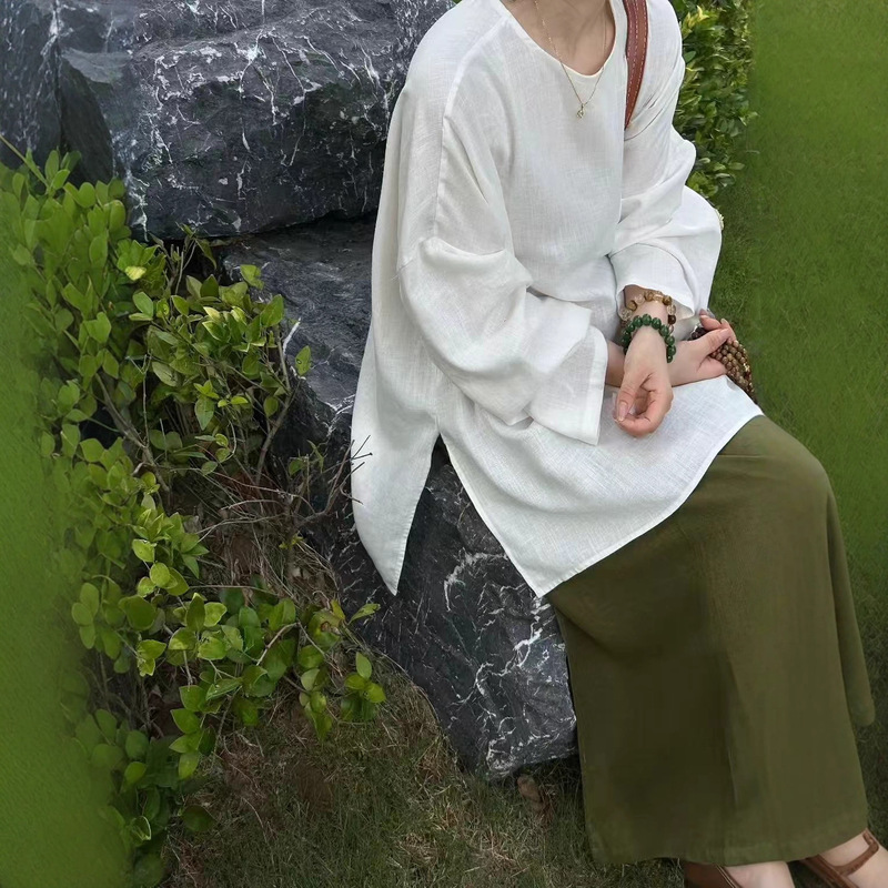 亚麻百搭露背长袖开叉上衣T恤女早2025秋季新款系带款式套头上衣|undefined