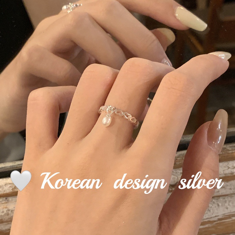 韓國小眾設計亮銀 S925純銀愛心珍珠戒指 簡約時尚女食指環ins風