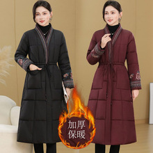 冬款民族风刺绣加棉连帽过膝棉服中年妈妈装洋气大码复古加厚外套