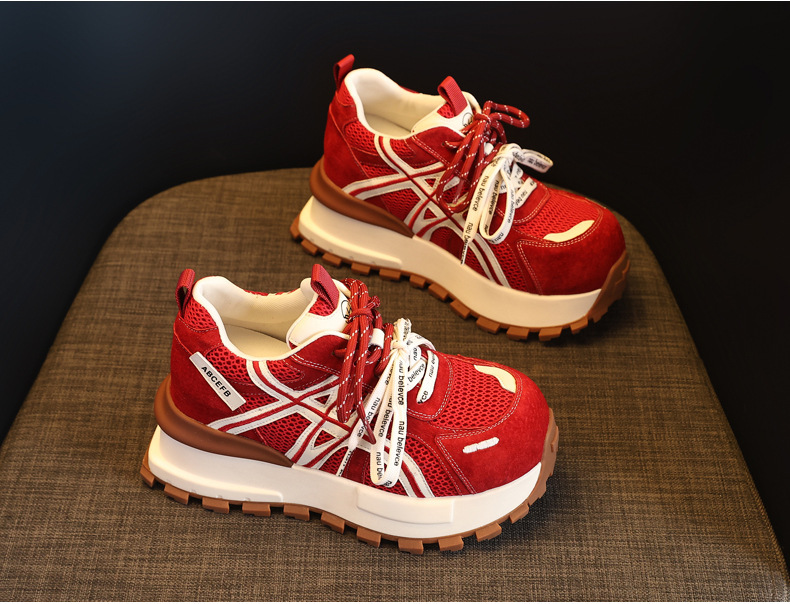 Giày sneaker nữ đế dày tăng chiều cao lưới thoáng khí phong cách dad sneaker — màu be chi tiết 4