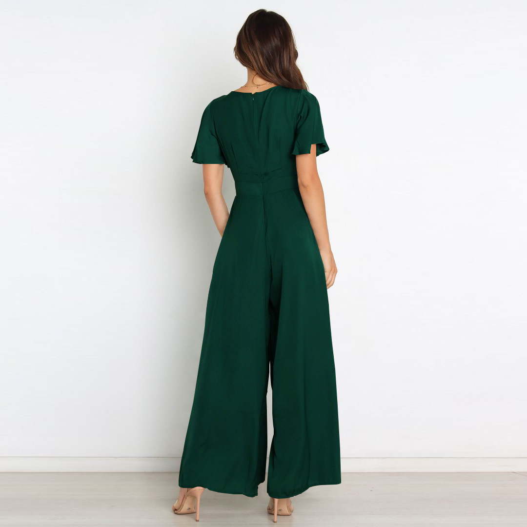 plain color lotus leaf sleeves V-neck tied rope short-sleeved wide-leg jumpsuit NSMID128544