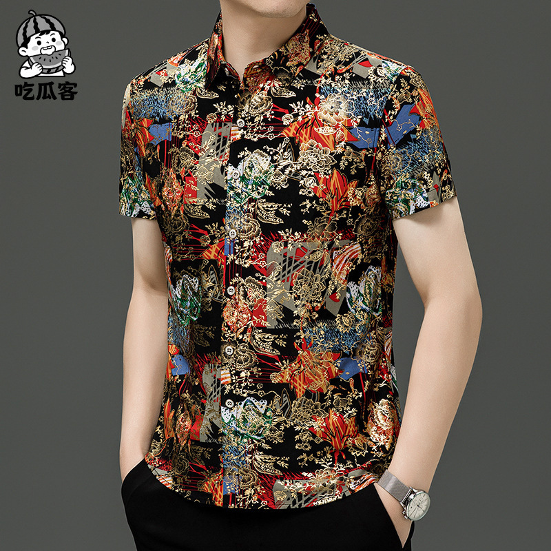 Live Broadcast Summer Men's Short-Sleeved Floral Shirts for Middle-Aged Men Plus Size Hot Stamping Flower Pattern Printed Shirts Ice Silk Shirts