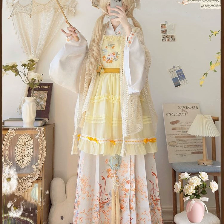 Хань-Ян эклектичная камелия Дайюэ оригинальный Hanfu Ming-стиль перекрещенный воротник пиба рукава лошадиное лицо вышитая на overskirt Лолита повседневная