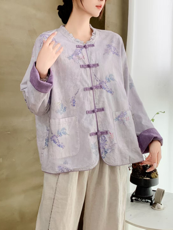 2025款秋季上新花边领国风开衫双层棉麻提花女士文艺外套|undefined