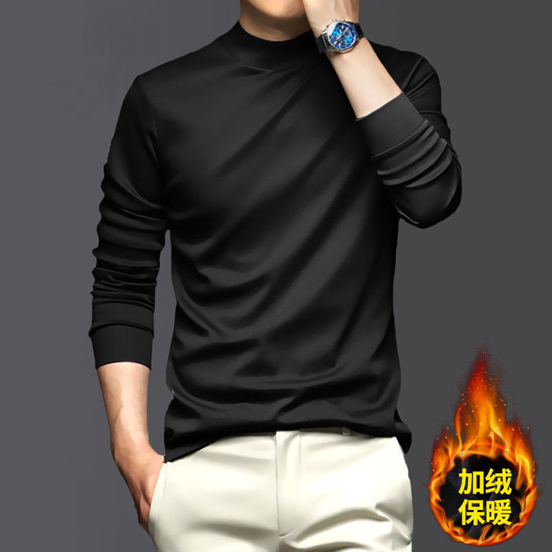 Men's Half-High Collar Base Layer Long-Sleeve T-Shirt with Silk-Like Thin Velvet, Fleece-Lined Warm Top, Double-Sided German Velvet T-Shirt