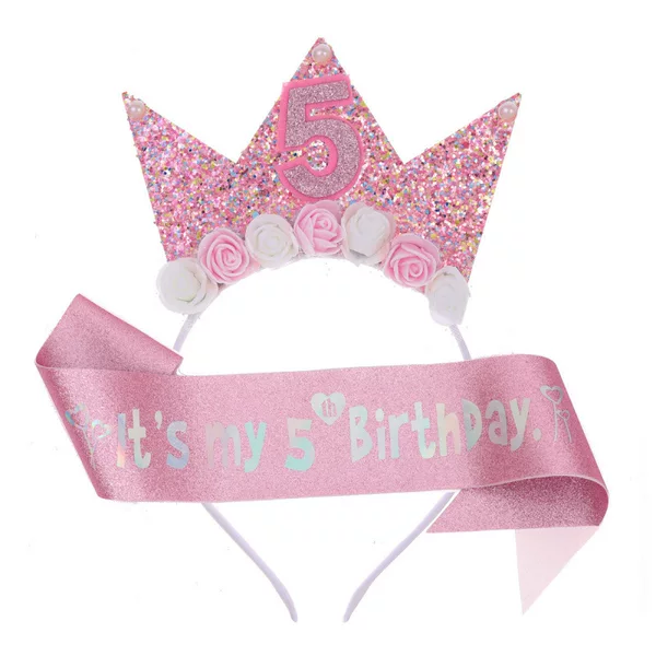 2 Years Old, 3 Years Old, 4 Years Old, 5 Years Old, 6 and 7 Years Old Little Girl Crown Pink Ribbon Kidsren's Birthday Headband Etiquette Belt Set