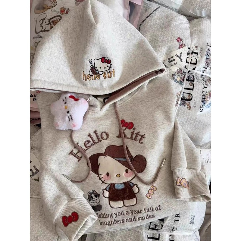 Girls Autum New Sweatshirt 2025 Kidsren's Korean Style Cute Cartoon Embroider Kt Cat Long-Sleeved Hooded Outer Top