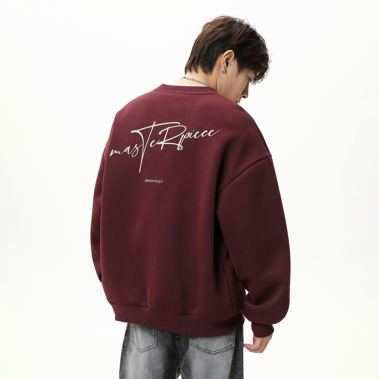 Monochrome Man- 380G Heavyweight Textured Crew Neck Sweatshirt For Men, Autumn New Color-Block Letter Print Trendy Loose Pullover Jacket_voghion.com