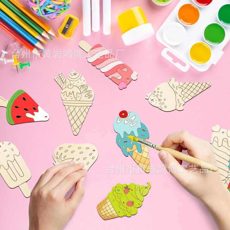 Children's Painting DIY Log Chip Ice Cream Blank Graffiti Wood Chip Wall Decoration Pendant Wooden Crafts