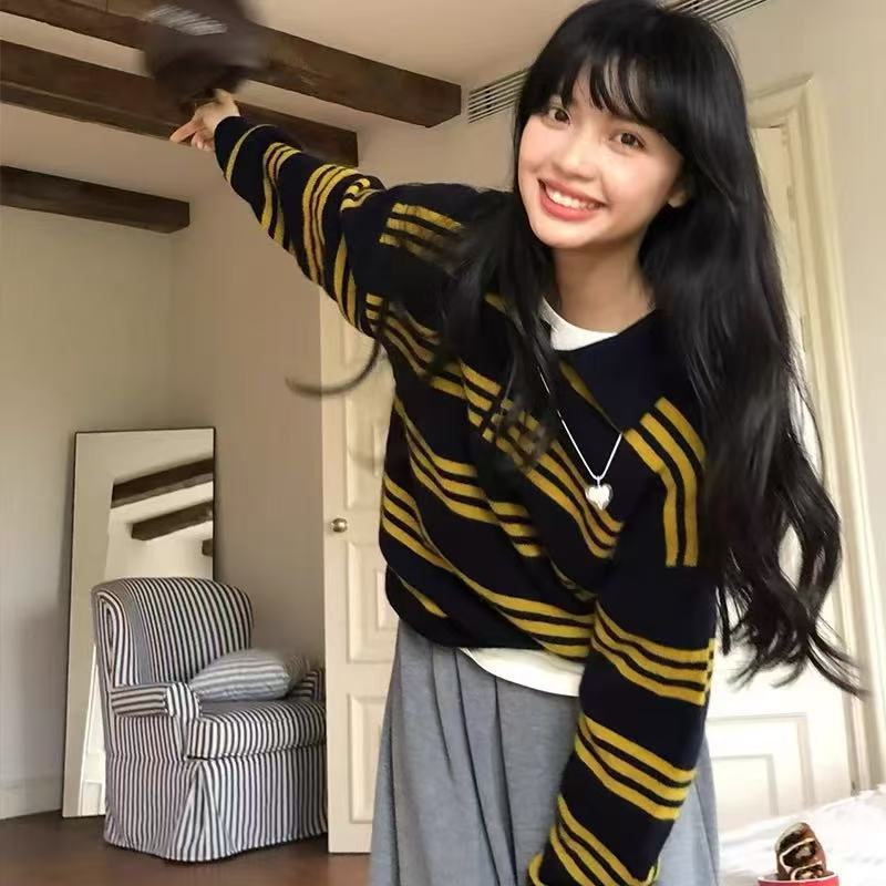 2025秋冬新款韩系学院风条纹针织套头衫简约POLO领宽松减龄毛衣女|undefined
