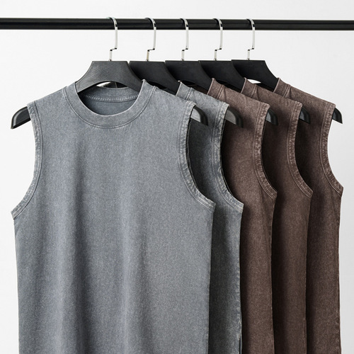 230g pure cotton European and American high street hiphop retro washing old sleeveless vest men casual loose knitted T-shirt