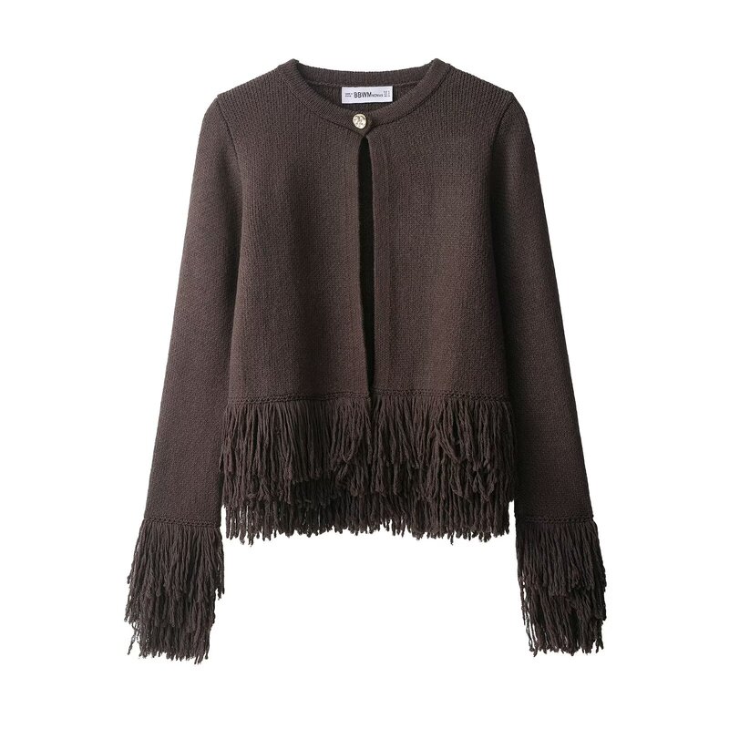 Cross-Border Women's Clothing Wholesale European and American Style Pure Color Loose Tassel Button Design Niche Knitwear 6427109