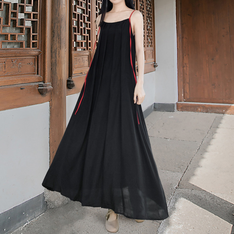 Self-Made Sleeveless Summer Plain Imitation Copper Ammonia Silk New Chinese Style Color-Blocking Artistic Spaghetti Strap Long Dress