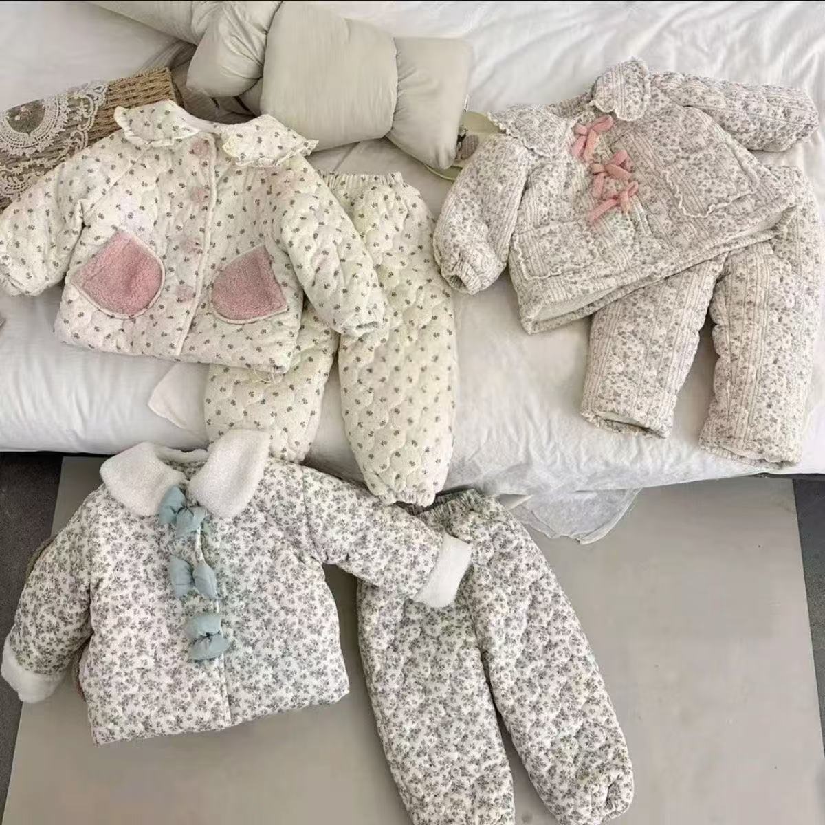 어린 소녀와  를위한 두꺼운 따뜻한 가정 옷을 기모 어린이 잠옷 겨울 두꺼운 3 층 퀼트 겨울