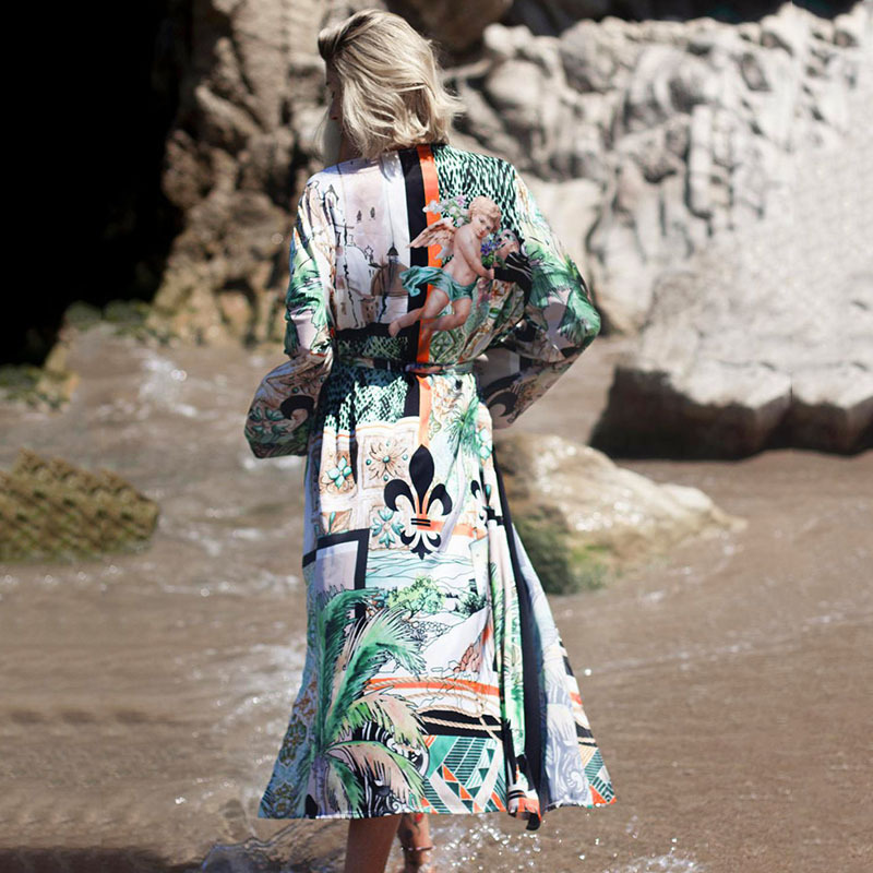 Europeo y americano nuevo impreso playa blusa vacaciones cardigan kimono bikini protección solar camisa traje de baño encubrimiento K501