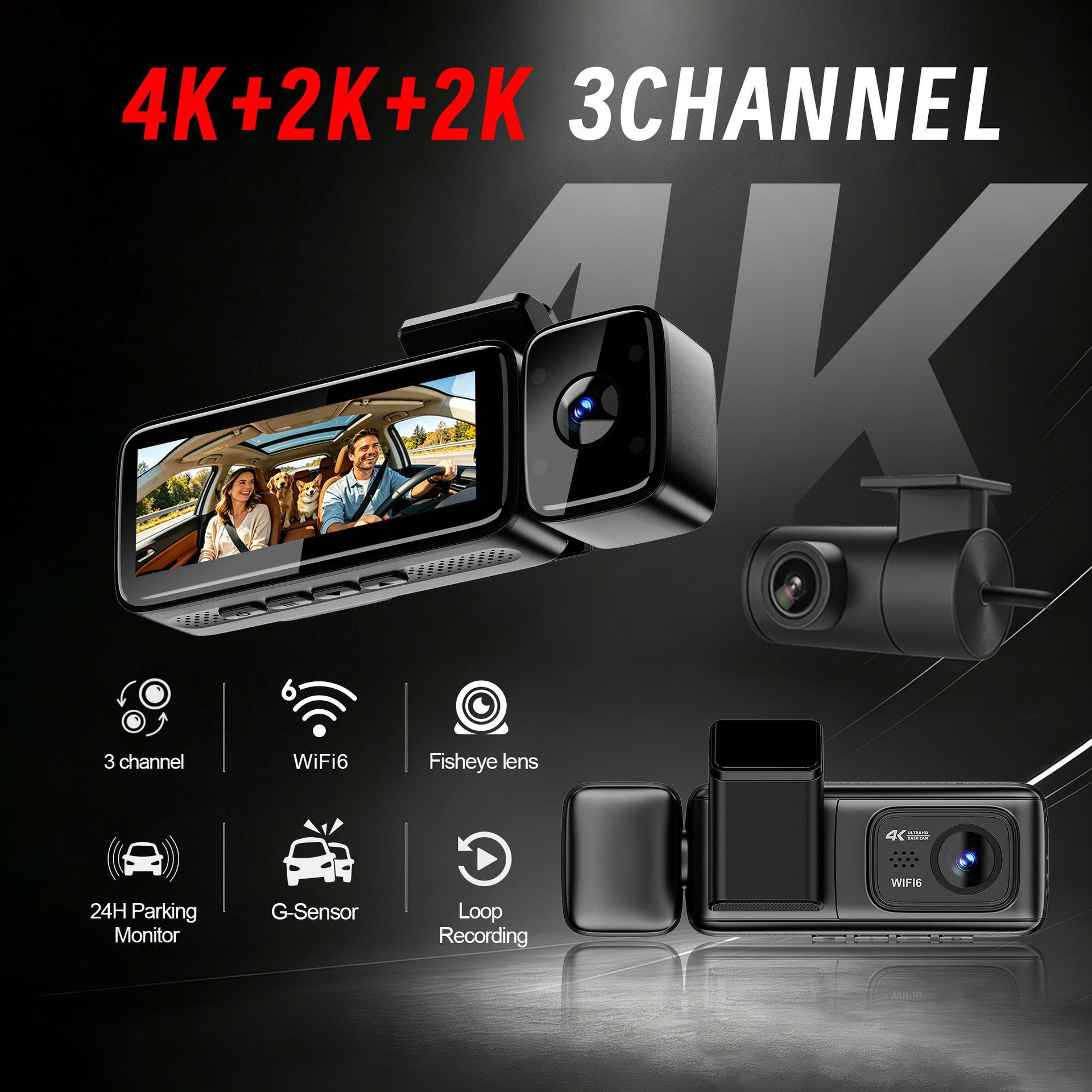 Cross-border car dashcam with high-definition 4K, 200-degree fisheye lens, front and rear triple recording dashcam