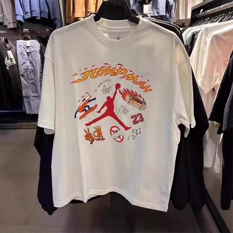 跨境乔丹AJ短袖胸前飞人logo情侣休闲运动圆领宽松纯棉印花动T恤|undefined