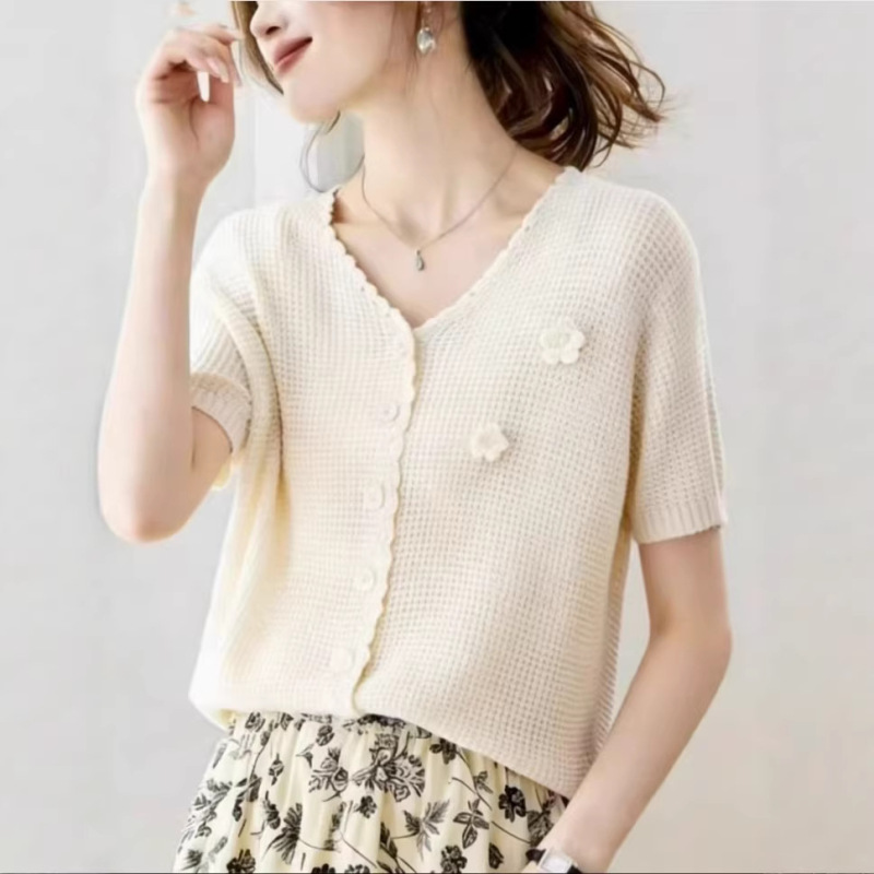 Thin Short-Sleeved V-Neck Waffle Knit Cardigan for Women 2026 Summer New Style Loose Solid Color Outerwear T-Shirt Thin Top Thin Short-Sleeved V-Neck Waffle Knit Cardigan for Women 2026 Summer New Style Loose Solid Color Outerwear T-Shirt Thin Top