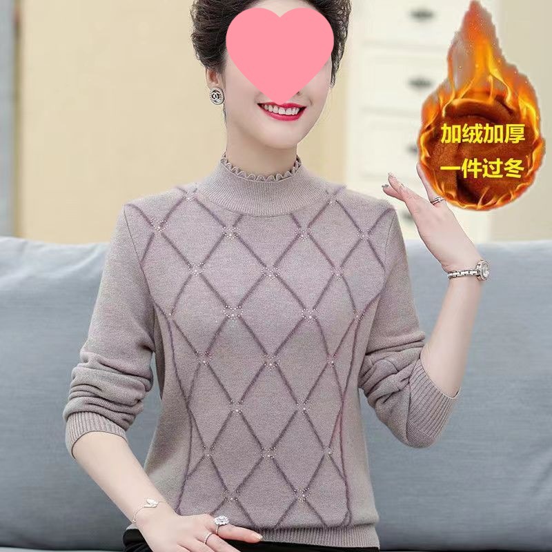 妈妈秋冬加绒加厚毛衣针织衫中年女冬季半高领打底衫保暖内搭上衣