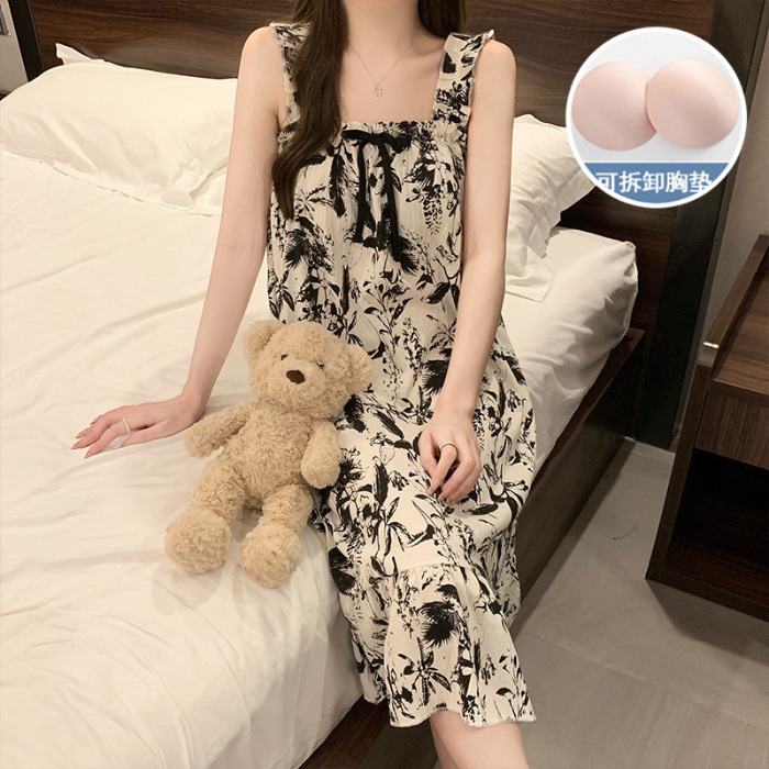 Transfronterizos polvo de dopamina rayada pijama de verano de algodón gaza de mujer es dulce se puede usar con cojín de pecho ropa para el hogar