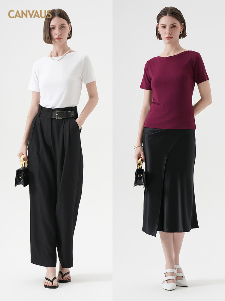 CANVAUS verano simple y suave camiseta glutinoso para mujer nueva versión coreana de color sólido cuello de una línea casual de manga corta jersey para mujer