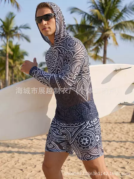Russian men's swimsuit, sun-protective, quick-drying, breathable, high-elastic, long-sleeved beach swimwear