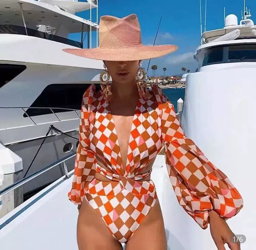 Трансграничный 2023 европейский и американский сексуальный цельный купальник Женская одежда с ромбовидным принтом Купальник для покрытия живота Цельный купальник