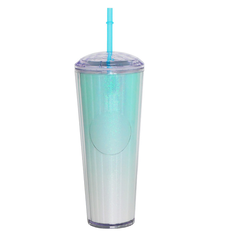 プラスチックカップ新型二重クリエイティブグラデーションマーメイドテールストローカップドリアンカップメッキカラースパンコールカップ|undefined