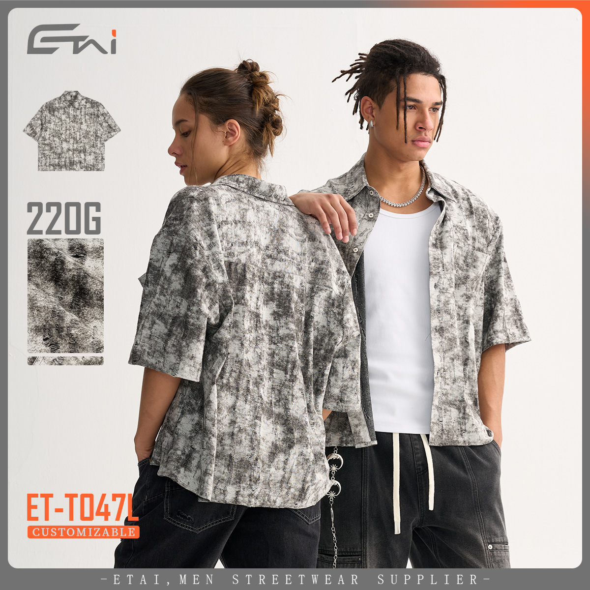 Etai Men's Clothing | Summer Trendy Brand Batik Distressed Short-Sleeved Shirt Men's Lazy Style Design Men's Shirt Jacket