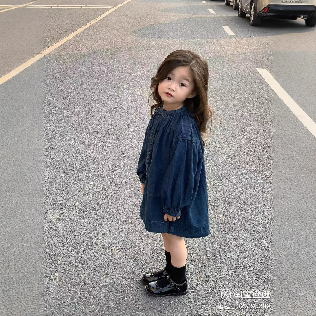 Falda para niñas con cuello alto, vestido de mezclilla lavado con botonadura sencilla, nueva colección de primavera y otoño, suministro de ropa infantil para comercio exterior.