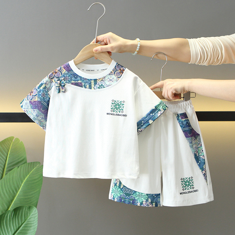 8083 Traje de manga corta de verano para niños 2025 Nuevo vestido de verano para niños Traje de dos piezas de verano para bebés de moda de estilo chino