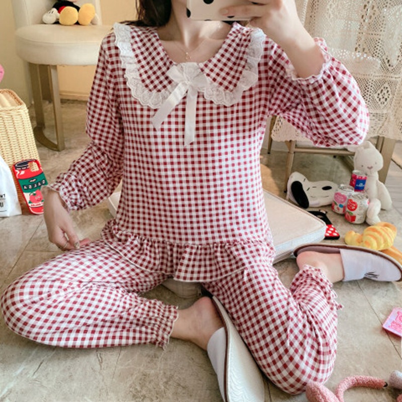 Korean style plaid pajamas women's cute girl doll collar long-sleeved trousers online live streaming home wear Southeast Asia