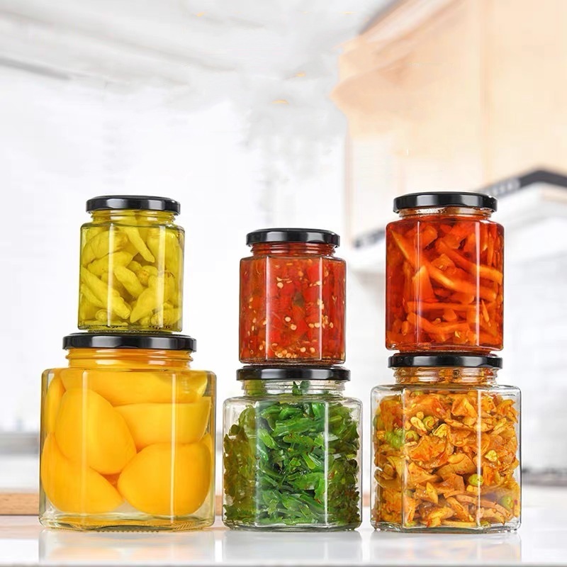 厂家现货供应玻璃酱菜瓶 玻璃六棱蜂蜜瓶玻璃牛肉酱瓶