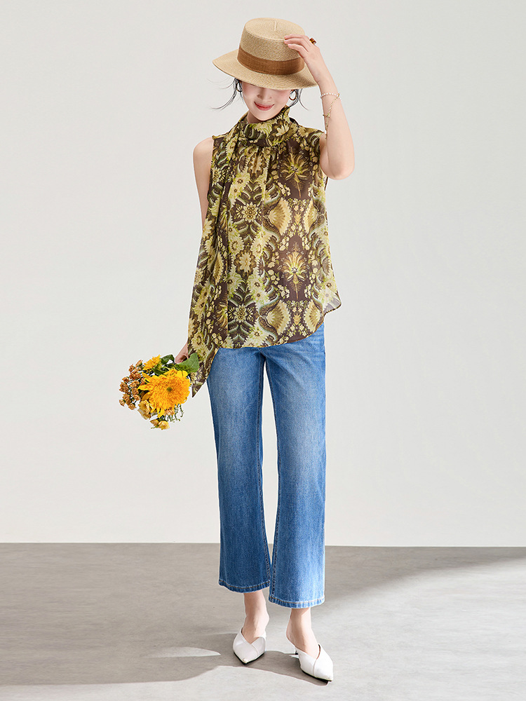 Áo hai dây nữ chất liệu chiffon in hoa, phối dây lụa, phong cách thanh lịch mùa hè — màu xám