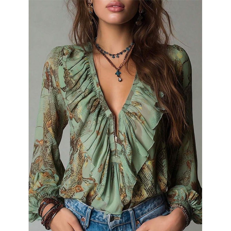 Cross-Border Amazon Resort-Style Elegant Chiffon Printed Deep V-Neck Zipper Ruffle Design Lantern Sleeve Shirt for Women