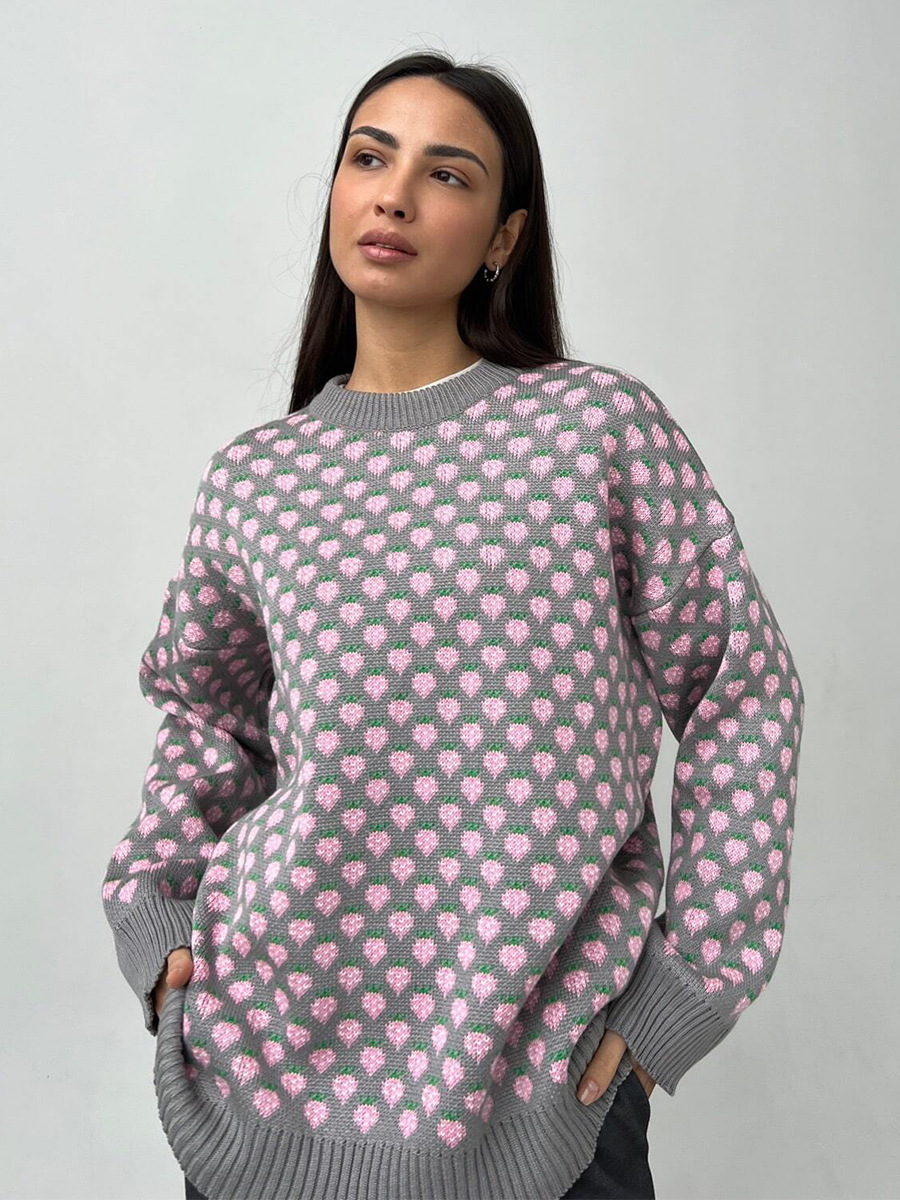Suéter jacquard de fresa transfronteriza Europa y los Estados Unidos 2025, otoño y invierno nuevo collar redondo jersey suéter de impresión suelta para mujeres image 6