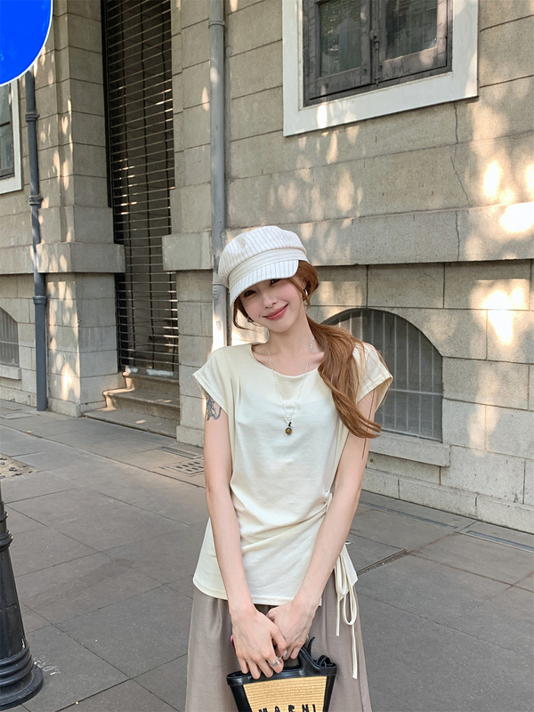 温柔风黄色设计感系带短袖T恤女装2025新款夏季气质显瘦百搭上衣|undefined