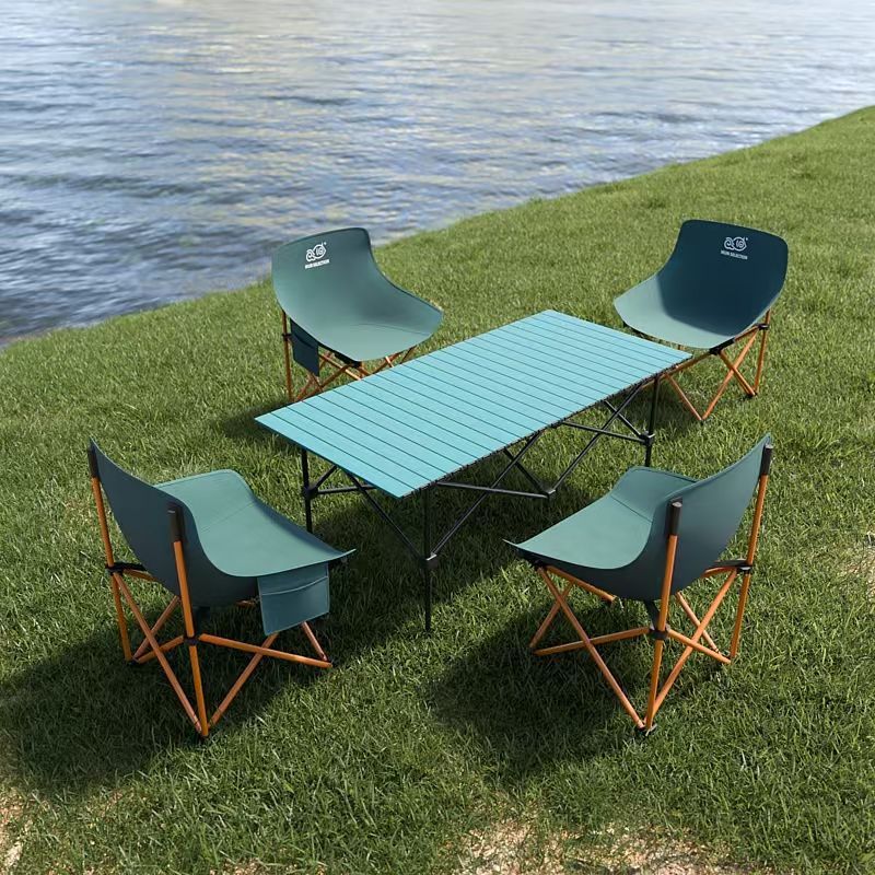 2025 업그레이드 강화모델 + 휴대용 수납벨트 - 블루 [120*55*50cm 긴 테이블] + 다크그린 의자 4개