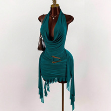 欧美新款跨境时尚纯色气质小众挂脖露背修身性感短裙不规则连衣裙