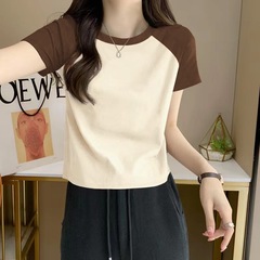 小柄な女性のためのショートトップ純綿半袖Tシャツ夏の新しいスリムコントラストカラーラグランラウンドネックTシャツトップ
