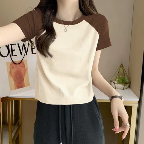 Short-sleeved pure cotton T-shirt for women, summer slimming, contrasting color, dropped shoulder round neck top