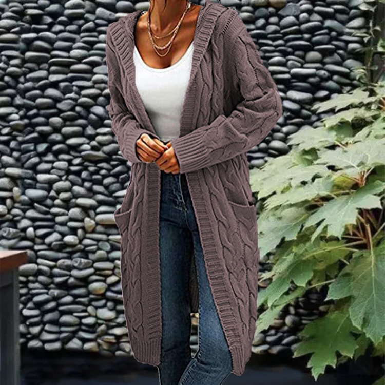 Aguja gruesa de las mujeres europeas y americanas transfronterizas Otoño e Invierno de las mujeres color sólido suelto más tamaño doble bolsillo Twist sweater cardigan Coat