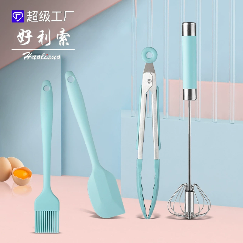 Beginner home baking tool four-piece set semi-automatic whisk food clip integrated silicone spatula scrubber