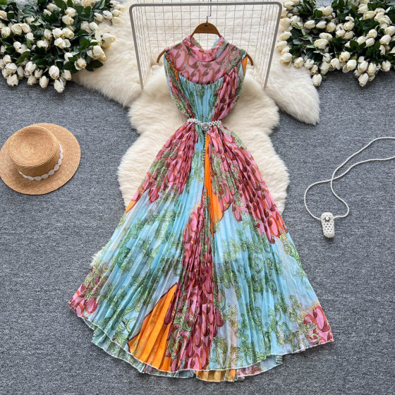European and American Fashionable Positioning Printed Dress for Women 2025 Summer Lazy Loose Strap Waist Elegant Pleated Long Skirt