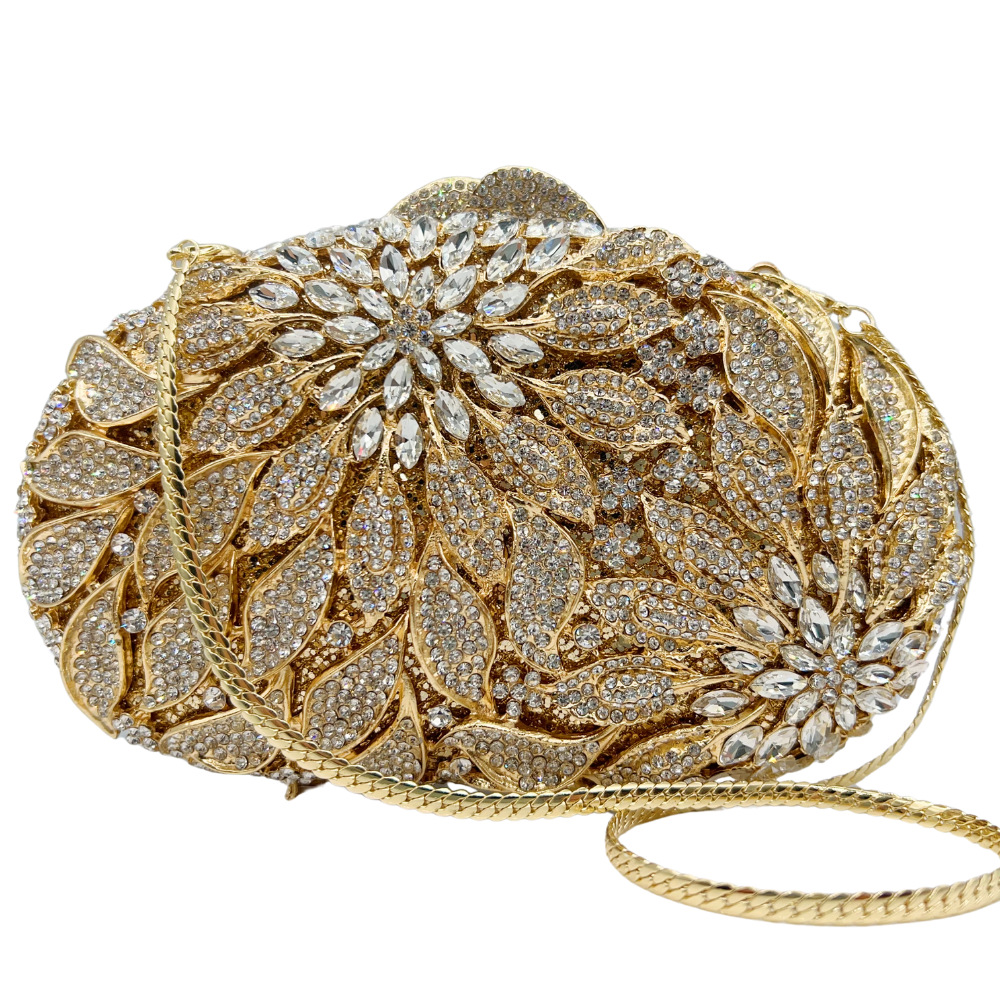 Túi clutch nữ đính kim cương hộp cứng kim loại rỗng — Kim cương trắng trên vàng, Kim cương vàng trên vàng, bạc, sâm panh chi tiết 5