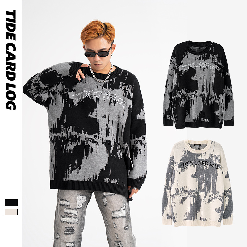 TIDECARDLOGHigh Streety Brand Core-spun Yarn Round Neck Couple Loose Sweater Knitted Sweater Basic Style