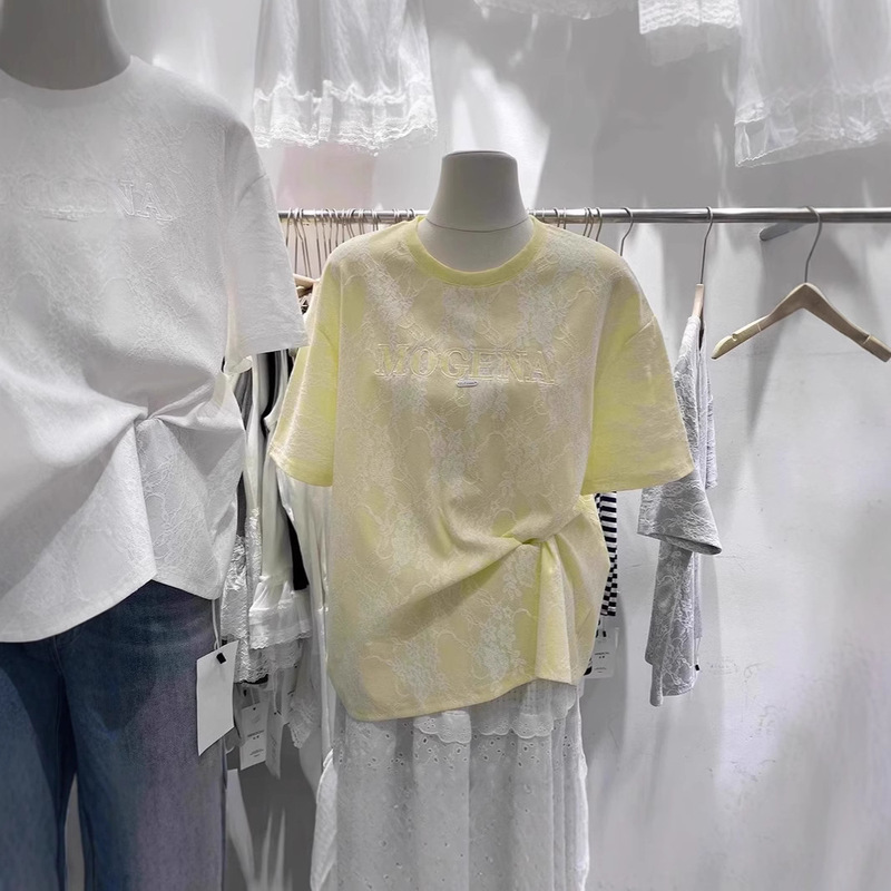 Lace Letter Embroidery Design Sense Korean Style Large Edition chubby girl Age-reducing Casual Lazy Style Mid-length Short-sleeved T-shirt for Women