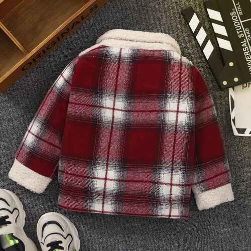 INS Kids' Spring and Autumn Collarless Plaid Padded Lapel Single-Breasted Fleece Casual Jacket for Boys