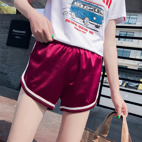 2022夏绸缎光面高腰修身白边运动短裤欧美风跨境紧身健美热裤女潮