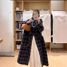 连帽立领蓝色格纹双面羊毛呢外套女秋冬新款中长款大衣翻领气质款